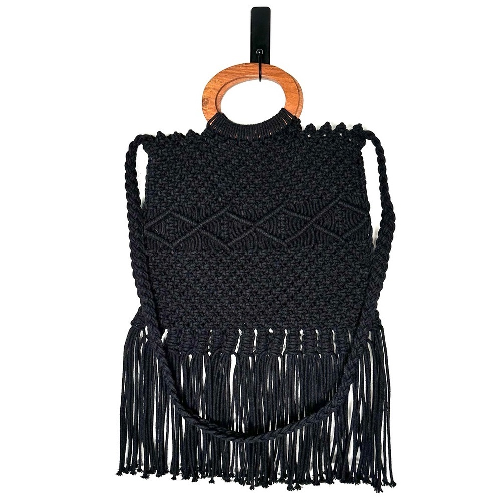 DANIELLE NICOLE | Black Macrame Crochet Crossbody Boho Bag With Wood Handles